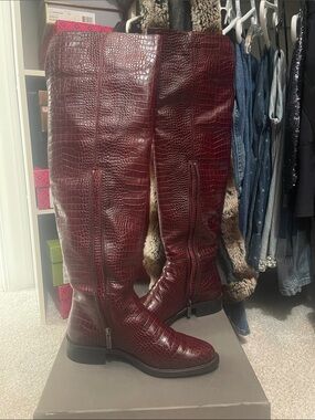 Rare Aquatalia Burgundy/Red Croc-Embossed Over-the-Knee Boots